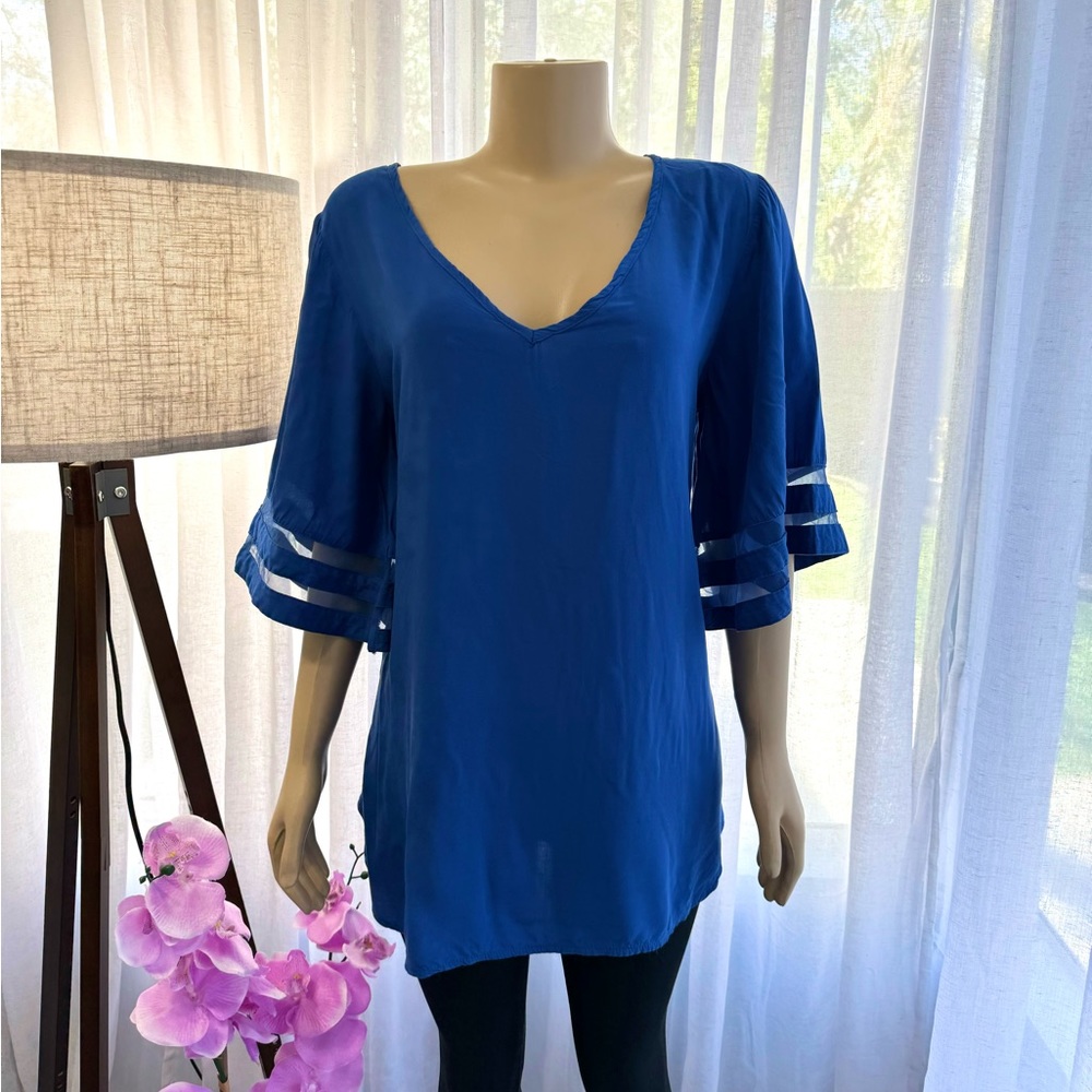 Ekouaer Blue Womens Bell Short Sleeve Oversized V Neck Top Size Medium M
